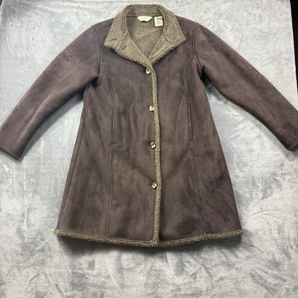LL Bean Faux Suede Coat Faux Sherpa Shearling Jacket S Petite Chocolate Brown
